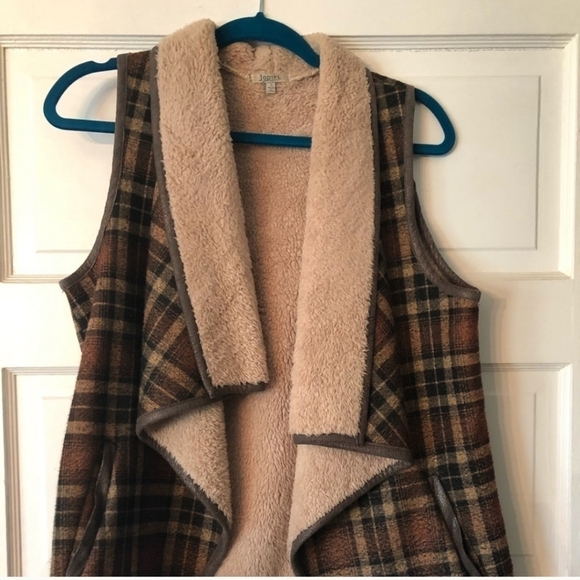 Jodifl sz small sherpa wool blend brown rust plaid fall vest - Picture 3 of 6